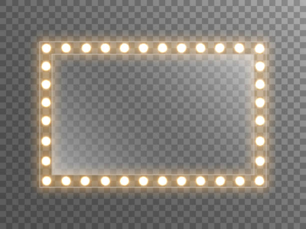 Makeup mirror with light. Dressing mirror with bright bulbs. Rectangle glass with reflection for poster, brochure or web. Illuminated frame on transparent backdrop. Vector illustration Makeup mirror with light. Dressing mirror with bright bulbs. Rectangle glass with reflection for poster, brochure or web. Illuminated frame on transparent backdrop. Vector illustration. vanity mirror stock illustrations