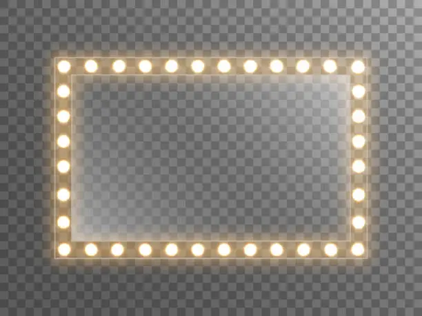 Vector illustration of Makeup mirror with light. Dressing mirror with bright bulbs. Rectangle glass with reflection for poster, brochure or web. Illuminated frame on transparent backdrop. Vector illustration