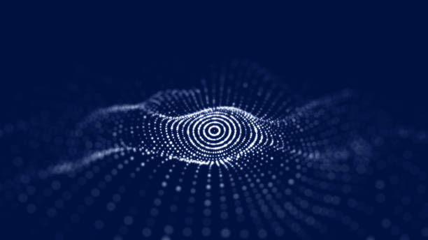 istock Futuristic wave. Dark cyberspace. Abstract sound wave with dots. White moving particles on a blue background. 3d rendering. 1338103004