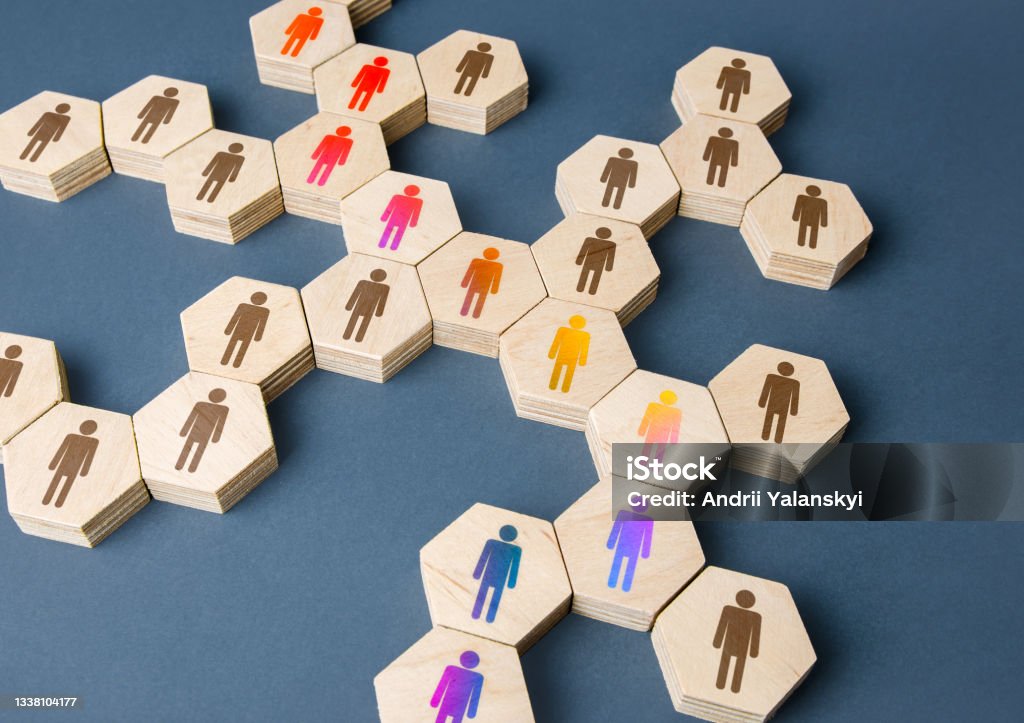 A chain of communicating people. Cooperation for solving tasks. Unity and diversity. Networking. Multiculturalism. Assistance and collaboration. Connecting a group of people, uniting around an idea. Human Resources Stock Photo
