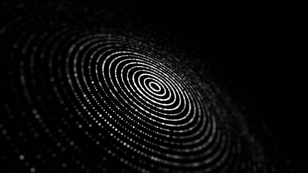 istock Futuristic wave. Dark cyberspace. Abstract music sound wave with dots. White moving particles on a black background. 3d rendering. 1338104180