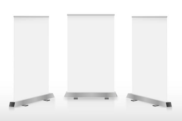 istock Digital advertising stands banners. White lcd screens on metal rack for successful commercial project. 1338104679