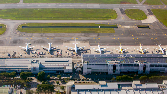 Singapore, February 17th 2020:  aerial view of Singapore Changi International Airport seen from the window of airplane.