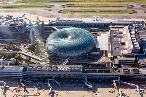 Singapore, February 17th 2020:  aerial view of the Jewel Changi International Airport seen from the window of airplane.