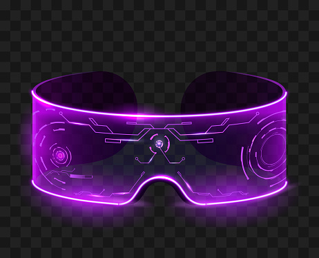 Techno glasses isolated. Purple cyberpunk digital futuristic devices for online travel and video viewing.