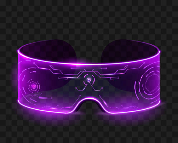 Techno glasses isolated. Purple cyberpunk digital futuristic devices for online travel and video viewing. Techno glasses isolated. Purple cyberpunk digital futuristic devices for online travel and video viewing with built in camera and computer vector processor. cosplay character stock illustrations