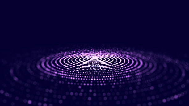 istock Futuristic wave. Dark cyberspace. Abstract music sound wave with dots. White moving particles on a violet background. 3d rendering. 1338105924