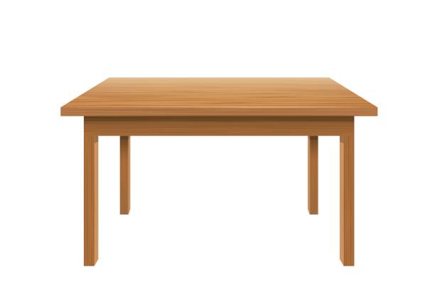 Wood writing tables. Brown table top with stylish plastic surface and trendy classic office. Wood writing tables. Brown table top with stylish plastic surface and trendy classic office vector decoration. restaurant table side view stock illustrations