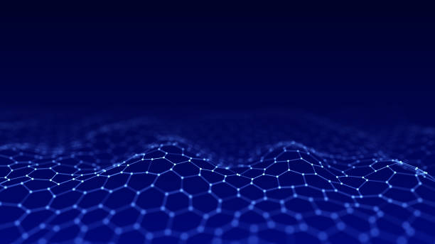 istock Futuristic hexagon wave. Dark cyberspace. Abstract wave with dots and line. White moving particles on background. 3d rendering. 1338106001