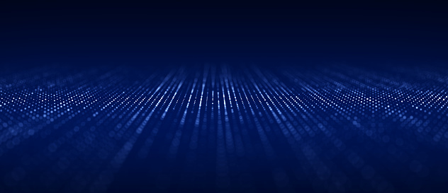 Abstract digital flow particles. Cyber network connection background. Big data visualization. Technology blue backdrop. 3d rendering.