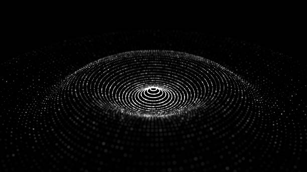 istock Futuristic wave. Dark cyberspace. Abstract music sound wave with dots. White moving particles on a black background. 3d rendering. 1338106062