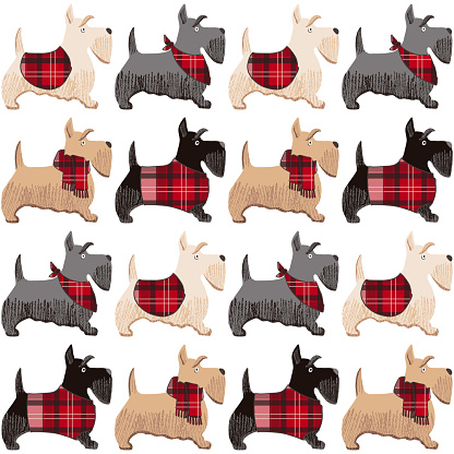 A cartoon vector pattern of scottish terrier, cute puppies.