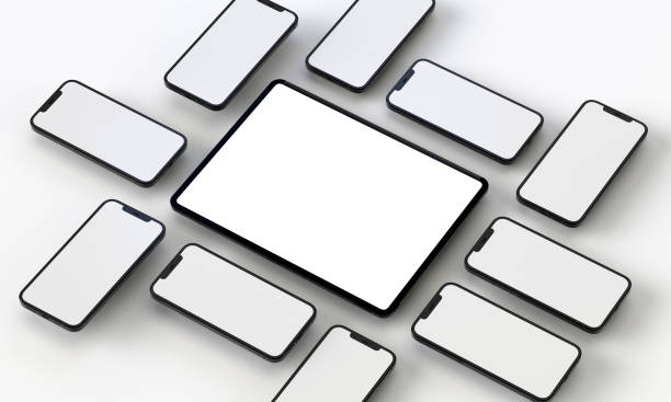 istock Top view of 3d image rendering of grid devices technologic tablet and smart phone 1338107357