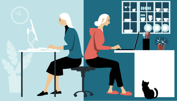 Hybrid work schedule Woman in hybrid work place sharing her time between an office and working from home remotely, EPS 8 vector illustration working at home stock illustrations