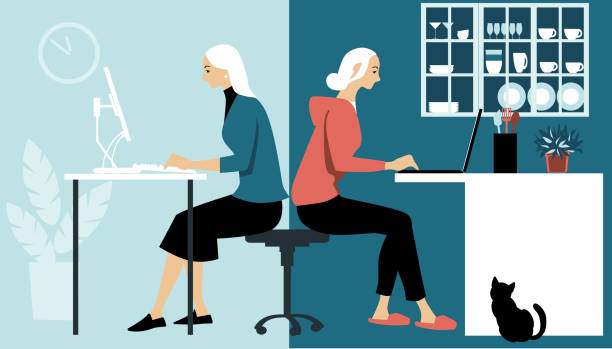 Hybrid work schedule Woman in hybrid work place sharing her time between an office and working from home remotely, EPS 8 vector illustration teleworking stock illustrations