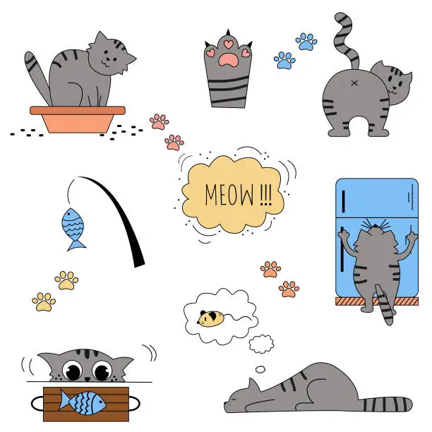 Vector illustration of A set of hand drawn cute doodle cats.