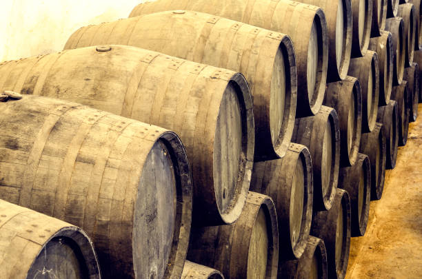 Wine barrels stacked in Winery stock photo