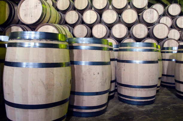 diverse botti per whisky o vino in magazzino - alcohol wine barrel la rioja foto e immagini stock