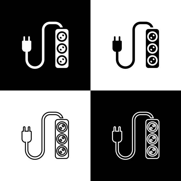 Set Electric extension cord icon isolated on black and white background. Power plug socket. Vector Set Electric extension cord icon isolated on black and white background. Power plug socket. Vector. overloaded-circuit stock illustrations