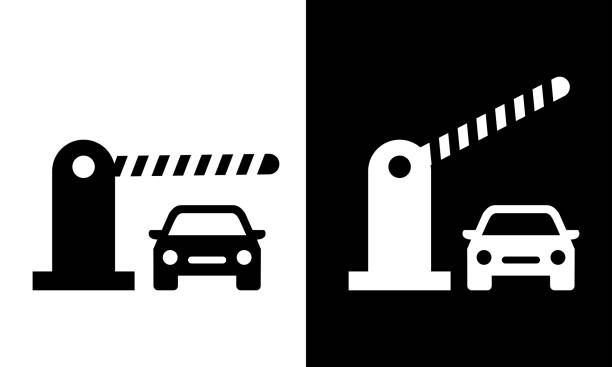 ilustraciones, imágenes clip art, dibujos animados e iconos de stock de contorno de la barrera de estacionamiento y letrero vectorial lleno, icono de barrera automática para automóviles - station of the cross