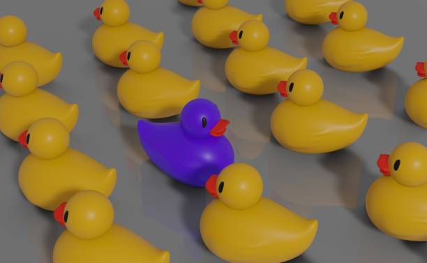 istock A purple rubber duck going to a opposite direction from the others. 1338114859