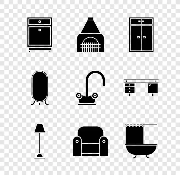 Vector illustration of Set Furniture nightstand, Interior fireplace, Wardrobe, Floor lamp, Armchair, Bathtub with shower curtain, Big full length mirror and Water tap icon. Vector