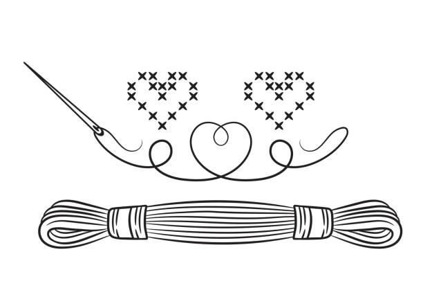 flosse fadenstrang mit nähnadel für kreuzstichstickerei handgefertigte fancywork-ikone. mouline baumwollschnur zum nähen von handarbeiten. zubehör für stickornamente. mit liebe gemacht. gliederungsvektor - embroider stock-grafiken, -clipart, -cartoons und -symbole