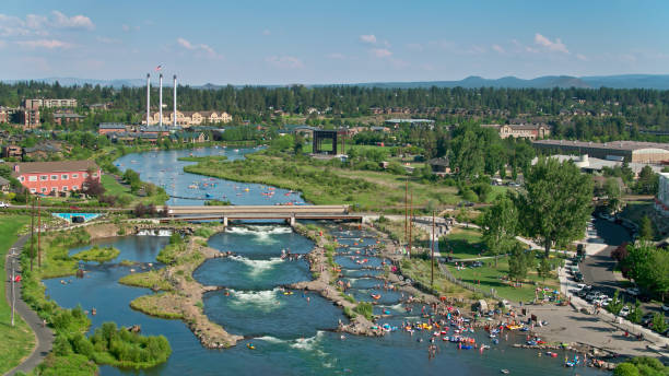 istock Drone Shot of Whitewater Park in Bend, Oregon with Old Mill District Beyond 1338118549