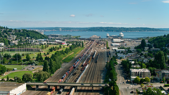 Port of Seattle. Skyscrapers on a background of blue sky.