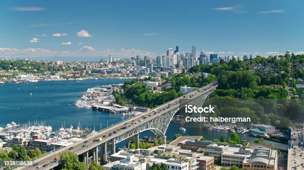 Drone Shot Of Seattle With Mt Rainier In Distance Stock Photo - Download Image Now - Seattle, Washington State, Urban Skyline