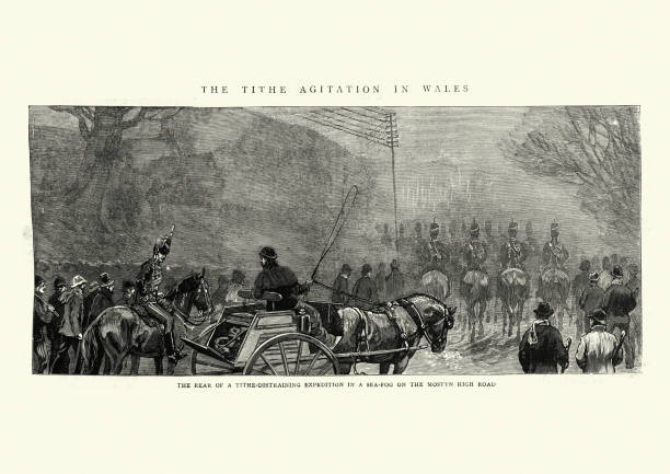 Vintage illustration of Tithe agitation in Wales, 1888, Solider on Mostyn high road, 19th Century Vintage illustration of Tithe agitation in Wales, 1888, Solider on Mostyn high road, 19th Century tithe stock illustrations