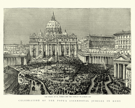 Vintage illustration of Crowds in Piazza of St Peter's and the Vatican on Jubilee day.  Celebration pof the Pope's sacrdotal Jubilee, 1888
