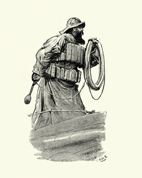 Vintage illustration of a Victorian lifeboat man, wearing lifejacket, holding lifebuoy, 1880s, 19th Century