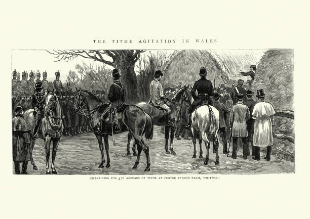 Tithe agitation in Wales, 1888, Soldier's enforcing fine at Pentre Ffynon farm, Whitford, 19th Century Vintage illustration of Tithe agitation in Wales, 1888, Soldier's enforcing fine at Pentre Ffynon farm, Whitford, 19th Century tithe stock illustrations