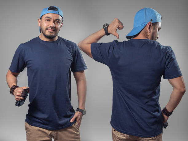 mockup of front and back view of hispanic male model wearing navy blue t-shirt - fashion men fashion model male imagens e fotografias de stock