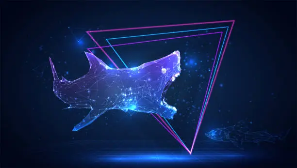 Vector illustration of vector 3d business shark from triangular polygons on a blue background