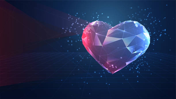 wektorowe serce 3d wykonane z trójkątnych wielokątów na niebieskim tle - symbol exploding polygonal heart shape stock illustrations