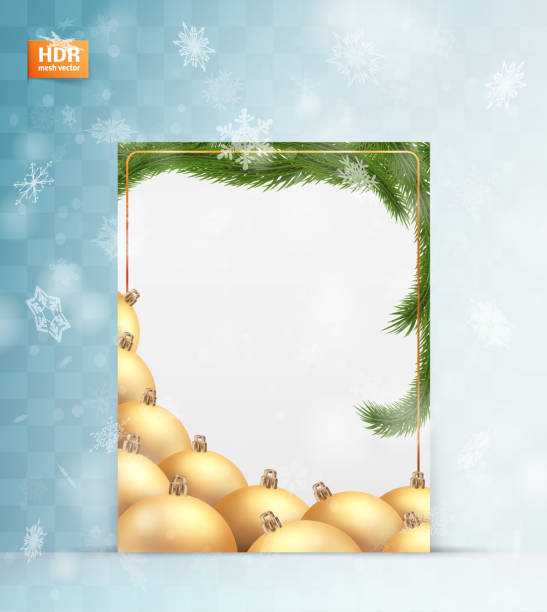 istock golden christmas-tree toys balls and spruce branches on a New Year's card. snowfall from snowflakes. vector design 1338136136