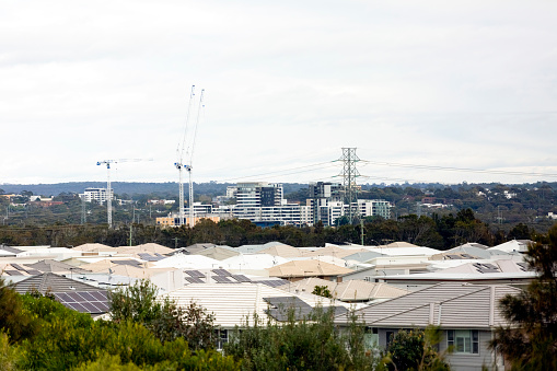 Roofs of new suburb front of city, Cronulla district, background with copy space