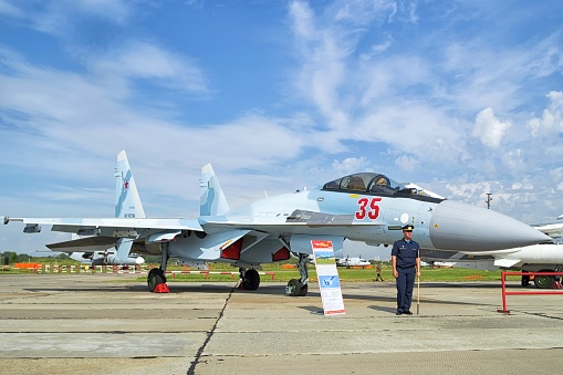 Khabarovsk, Russia - August 28, 2021: Russia air force multirole jet fighter Sukhoi Su-35 ( NATO reporting name: Flanker-E ). Exhibitor of the aircluster of the military-technical forum \