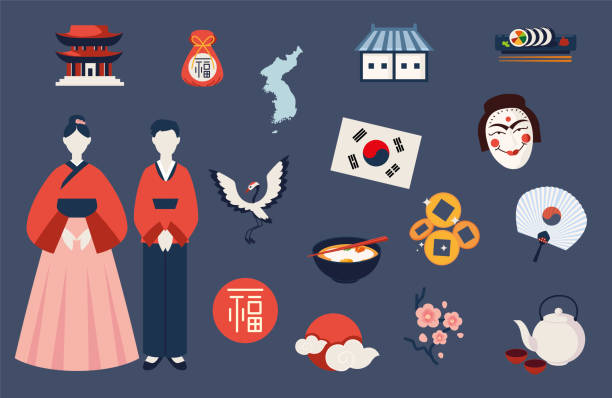 set of korean culture korean culture include people and food korean icon stock illustrations