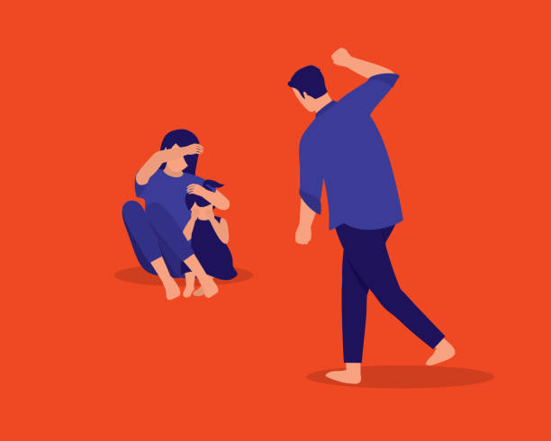 Family Domestic Violence. Mother Trying To Protect Her Daughter And Herself From Being Beaten Up By Her Husband. Full Length, Isolated On Solid Color Background. Vector, Illustration, Flat Design, Character. husband stock illustrations