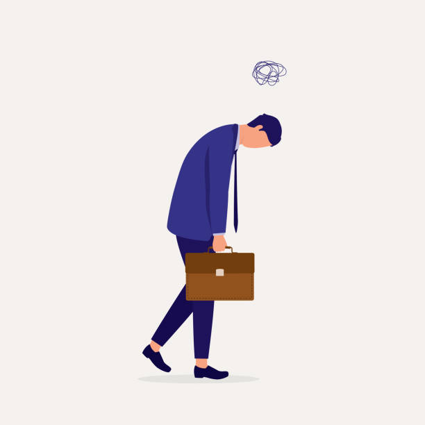 Unhappy Man Feeling Of Dread And Dragging Himself To Go To Work. Job Dissatisfaction. Unhappy Male Employee In Hunchback Resist Going To Work. Full Length, Isolated On Solid Color Background. Vector, Illustration, Flat Design, Character. disappointment stock illustrations