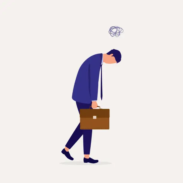 Vector illustration of Unhappy Man Feeling Of Dread And Dragging Himself To Go To Work. Job Dissatisfaction.