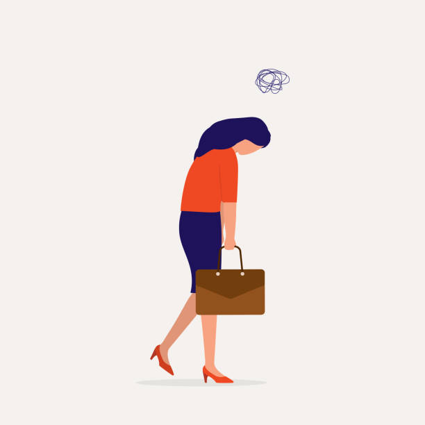 Unhappy Woman Feeling Of Dread And Dragging Herself To Go To Work. Job Dissatisfaction. Unhappy Female Employee In Hunchback Resist Going To Work. Full Length, Isolated On Solid Color Background. Vector, Illustration, Flat Design, Character. exhaustion stock illustrations