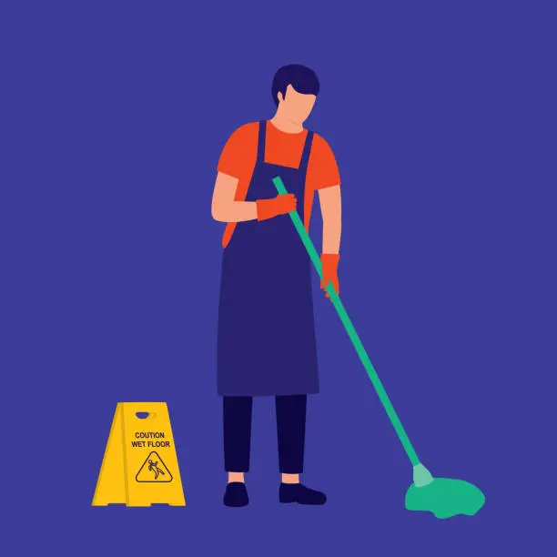 Vector illustration of Man Janitor Mopping Floor. Cleaning Service Occupation.