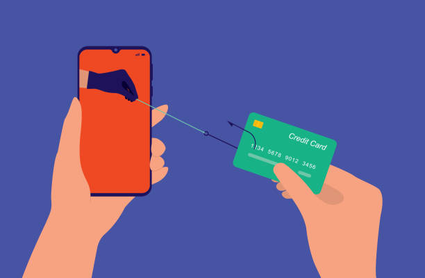Hacker Stealing Credit Card Information Concept. Phishing Scam And Cyber Crime Concept. Hacker's Hand With Black Glove Stealing Credit Card Information. Close-Up, Isolated On Solid Color Background. Vector, Illustration, Flat Design. cartoon fishing hook stock illustrations