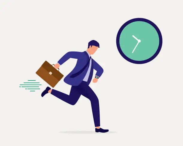 Vector illustration of Employee Rushing To Office. Running Late For Work.