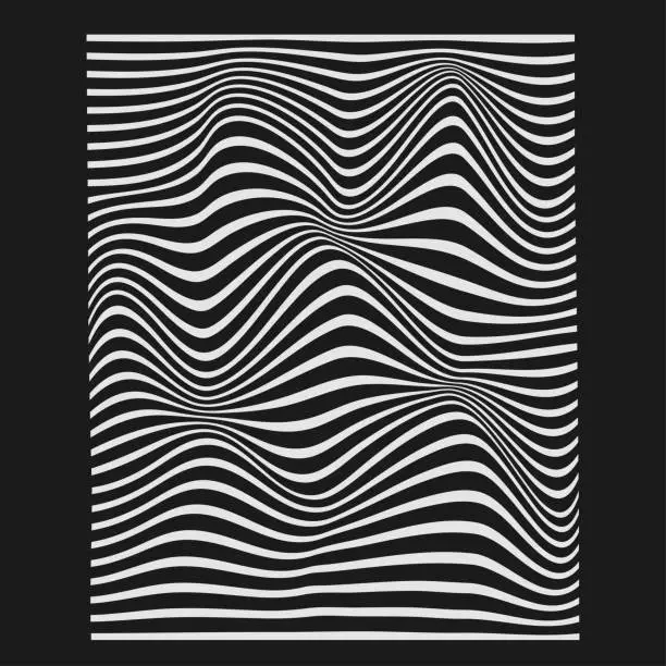 Vector illustration of Abstract rippled or white lines pattern with wavy vibrant facture on dark background and texture. Vector illustration EPS 10. Modern graphic design. Trends 2020. Lines. Minimalistic. Digital art.