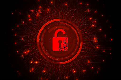 Concept of destroyed cyber security design.Padlock red open on  dark red background.Cyber attack and Information leak concept.Vector illustration.